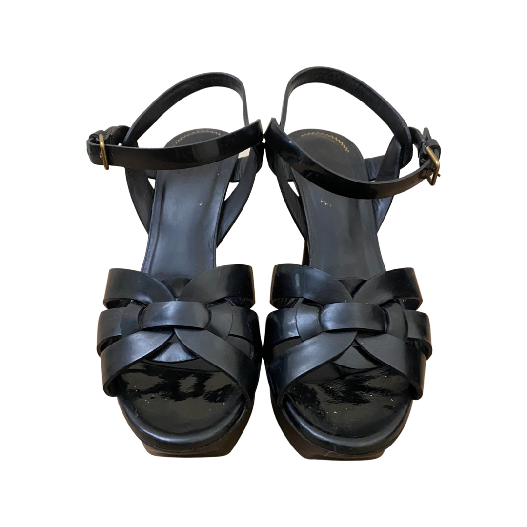 Saint Laurent Tribute 75 Black Leather Heeled Sandals Size 36.5