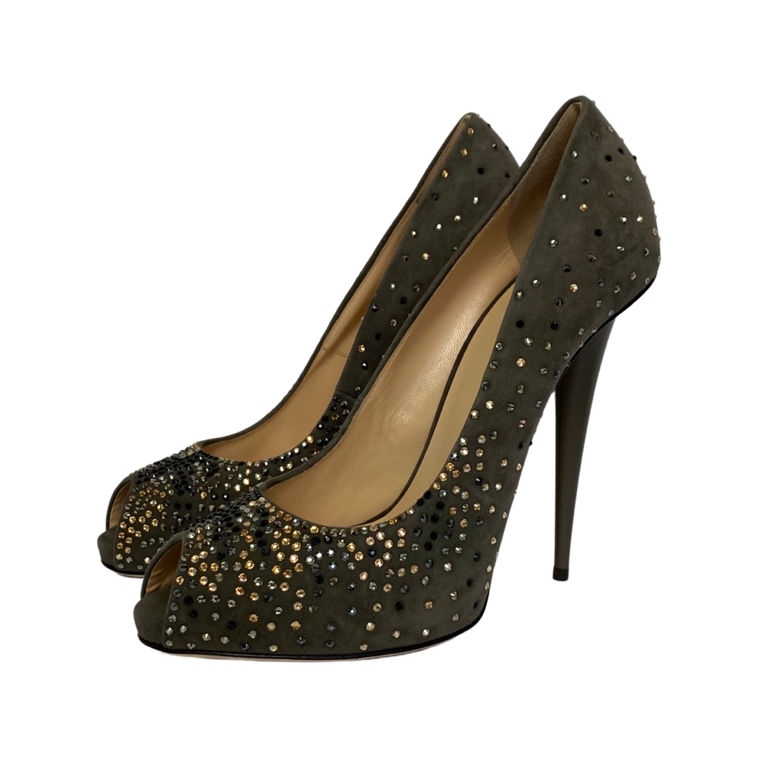 Giuseppe Zanooti Olive Green Crystal Embellished Suede Peep Toe Pumps Size 39