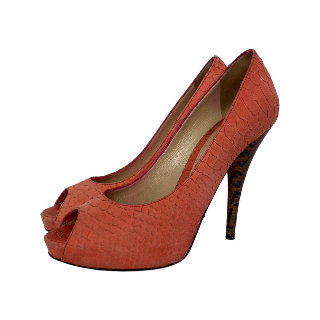 Fendi Orange Python Embossed Leather Peep Toe Platform Pumps Size 39