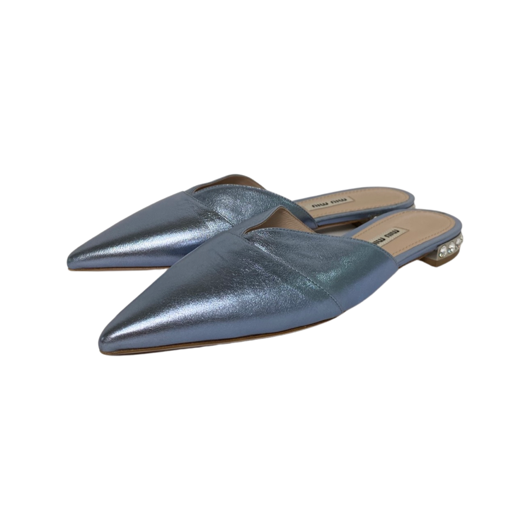 Miu Miu Blue Metallic Flat Crystal Embellished Mules Size 38