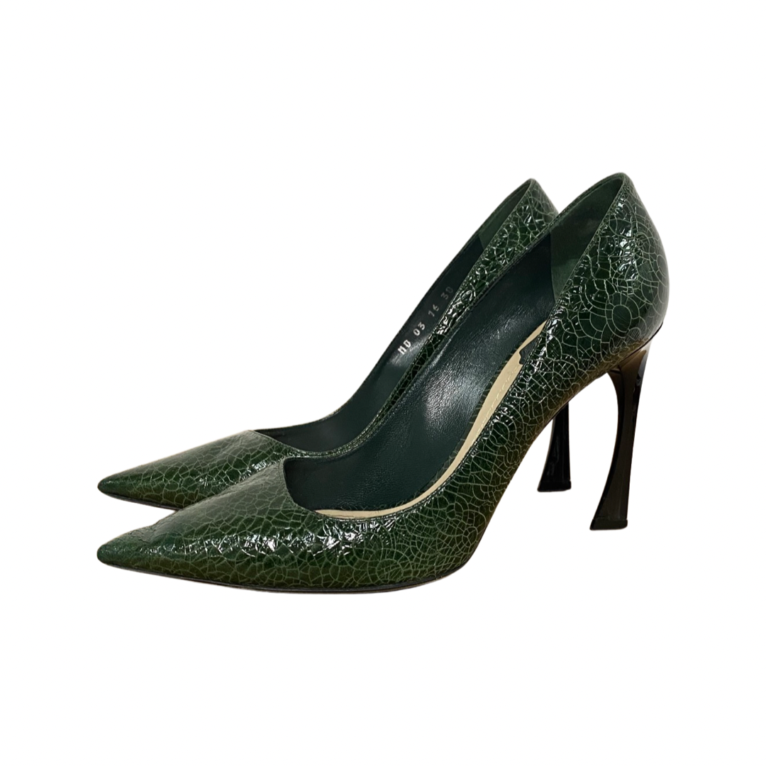 Dior Green Crackled Leather Pointed Toe Pumps Size 38