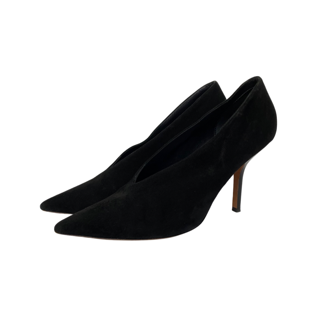 Celine Black Suede Nubuck Leather V Neck Pointed Toe Pumps Size 38