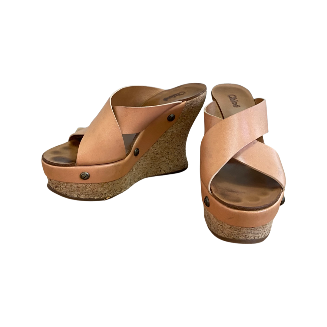 Chloe Tan Leather Cork Wedge Criss Cross Platform Slide Sandals Size 37