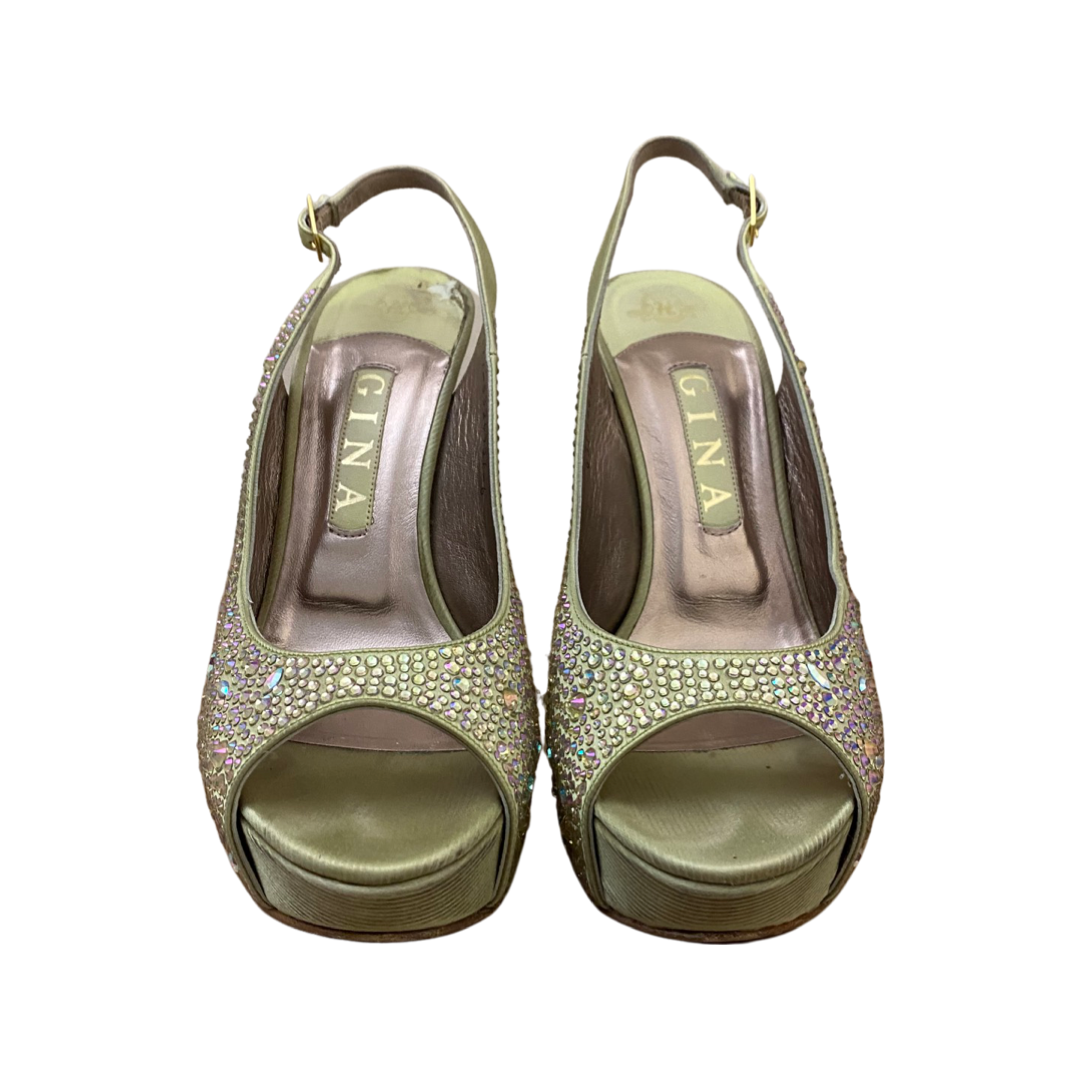 Gina Green Satin Crystal Embellished Peep Toe Slingback Sandals Size 39