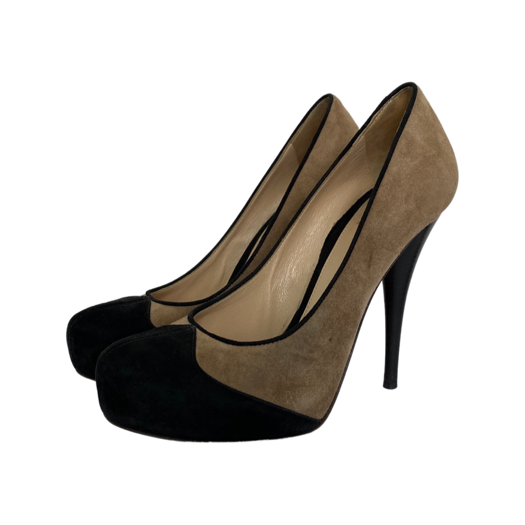 Fendi Beige/Black Suede Leather FF Heels Round Toe Platform Pumps Size 38