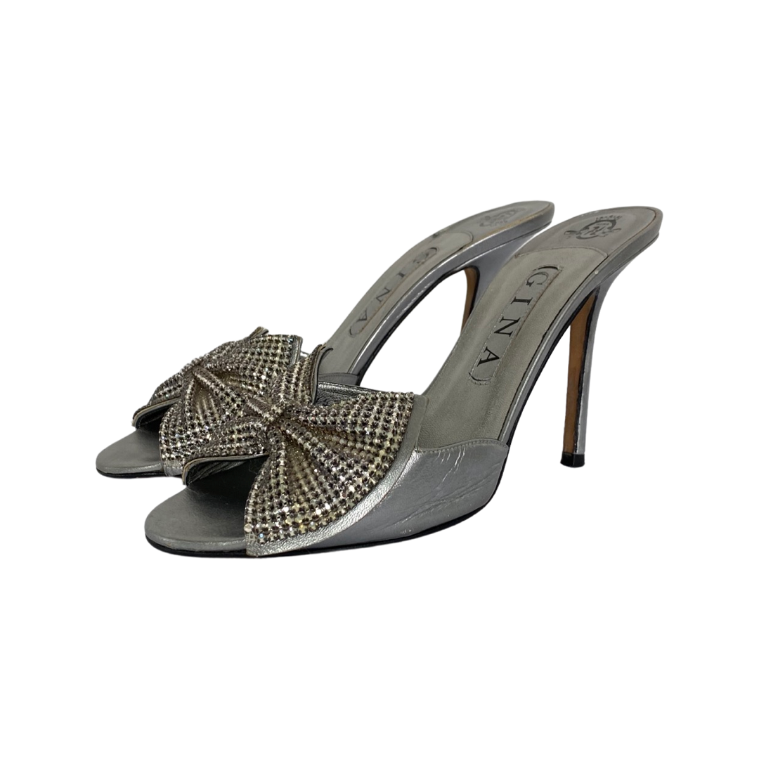 Gina Silver Leather Crystal Embellished Bow Open Toe Sandals Size 39