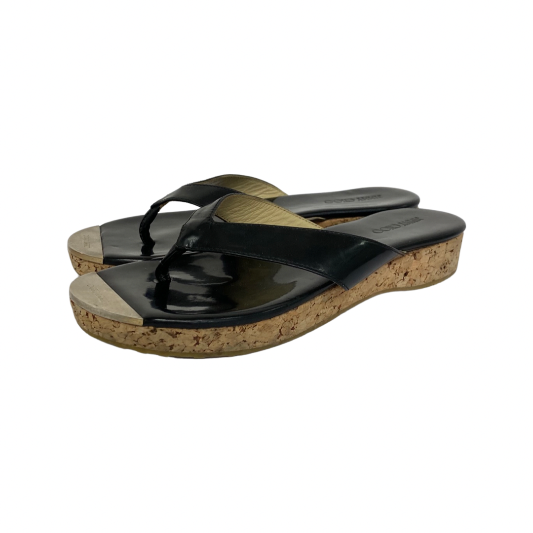 Jimmy Choo Black Leather Pence Cork Wedge Thong Sandals Size 38
