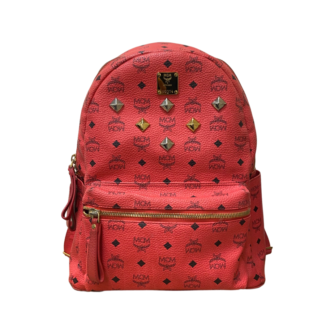 MCM Ruby Red Leather Visetos Small Side Studs Stark Backpack