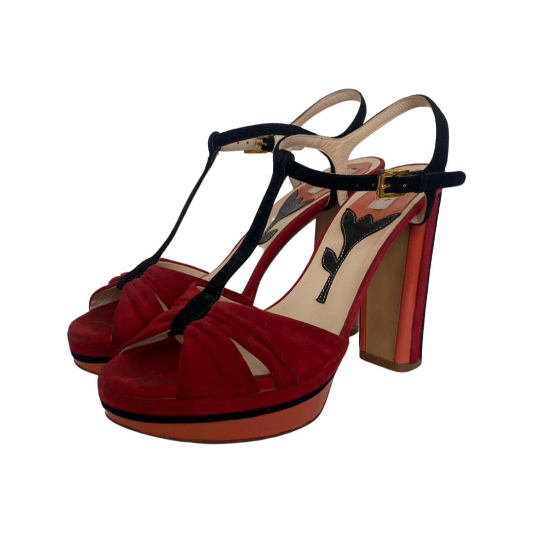 Prada Red/Black/Orange Multicolor Suede T Strap Block Heels Platform Sandals Size 37.5