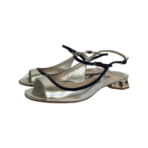 Miu Miu Metallic Silver Leather Flat Sandals Size 37