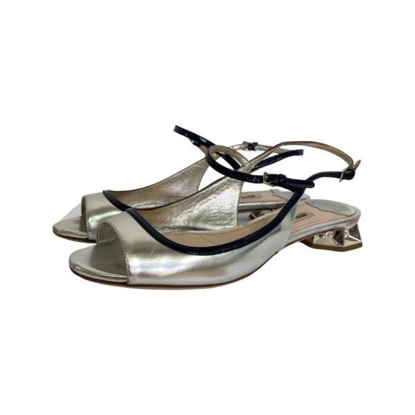 Miu Miu Metallic Silver Leather Flat Sandals Size 37