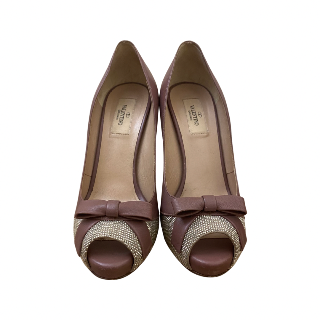 Valentino Dark Beige Leather and Studded Suede Bow Peep Toe Platform Pumps Size 38