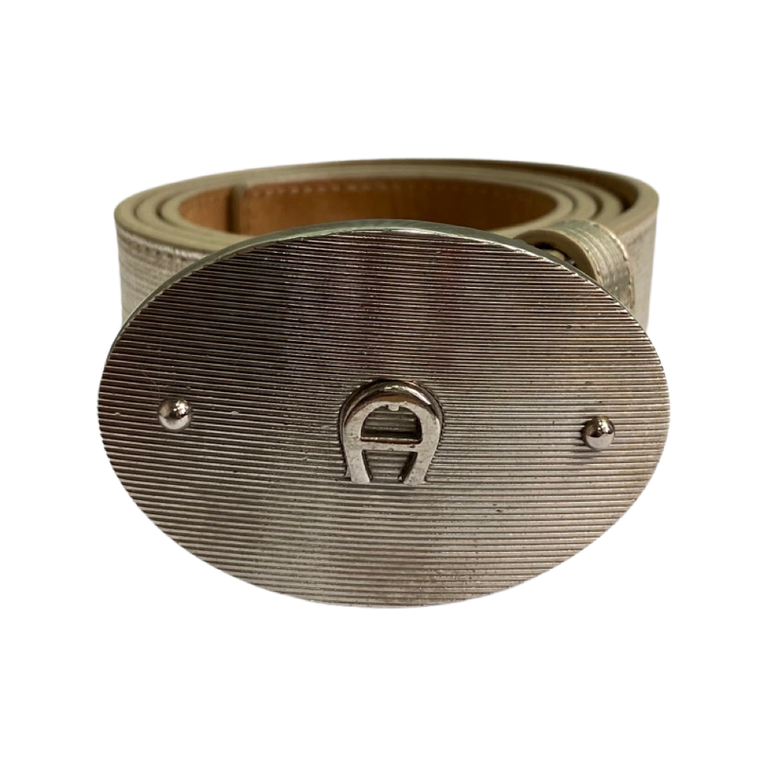 Aigner Beige Grained Leather Logo Buckle Belt 83 CM
