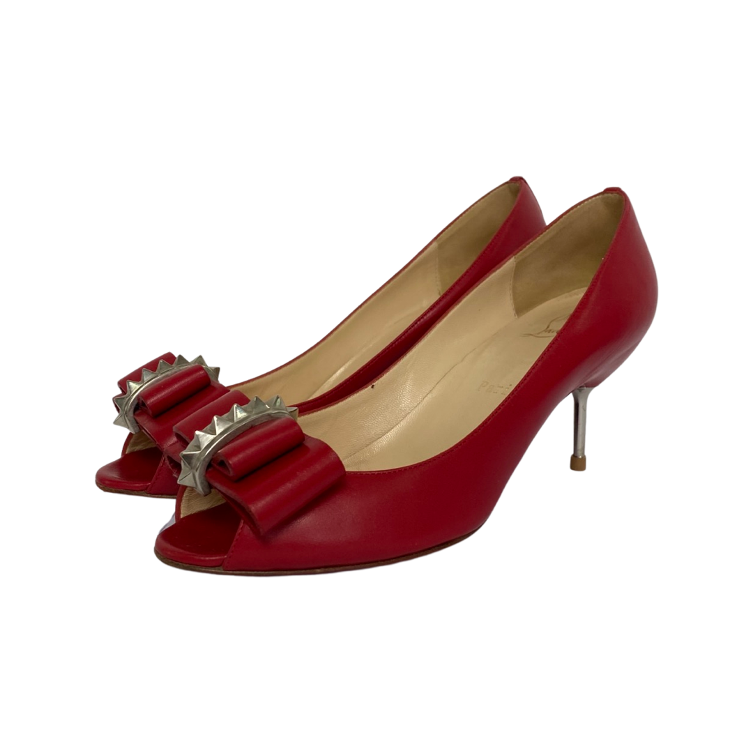 Christian Louboutin Red Leather Spiked Bow Embellished Peep Toe Pumps Size 37.5