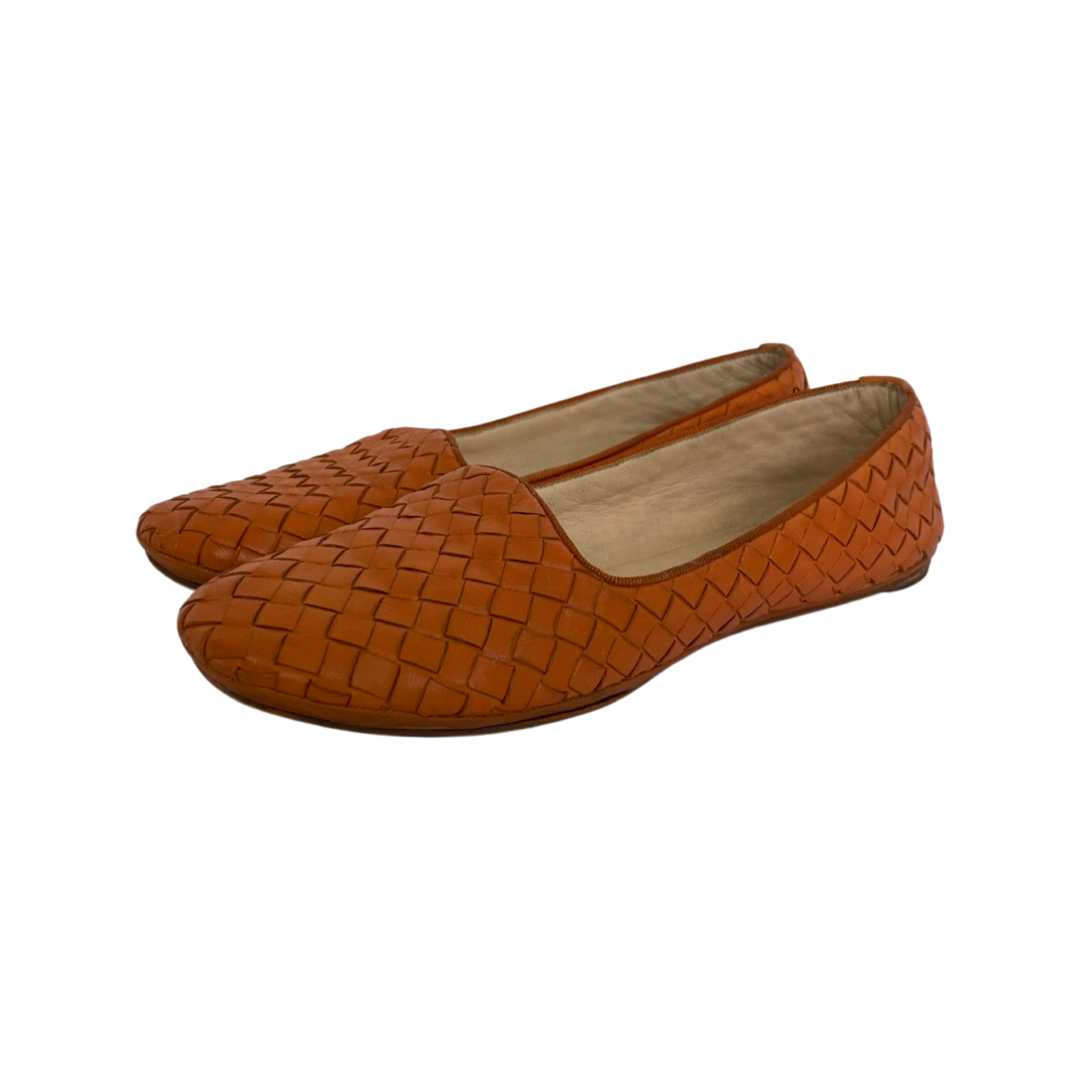 Bottega Veneta Orange Leather Intrecciato Woven Loafers Size 37