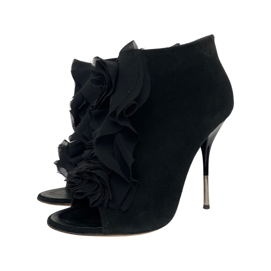 Giuseppe Zanotti Black Suede Ruffle Embellishment Lace-Up Open Toe Boots Size 37.5