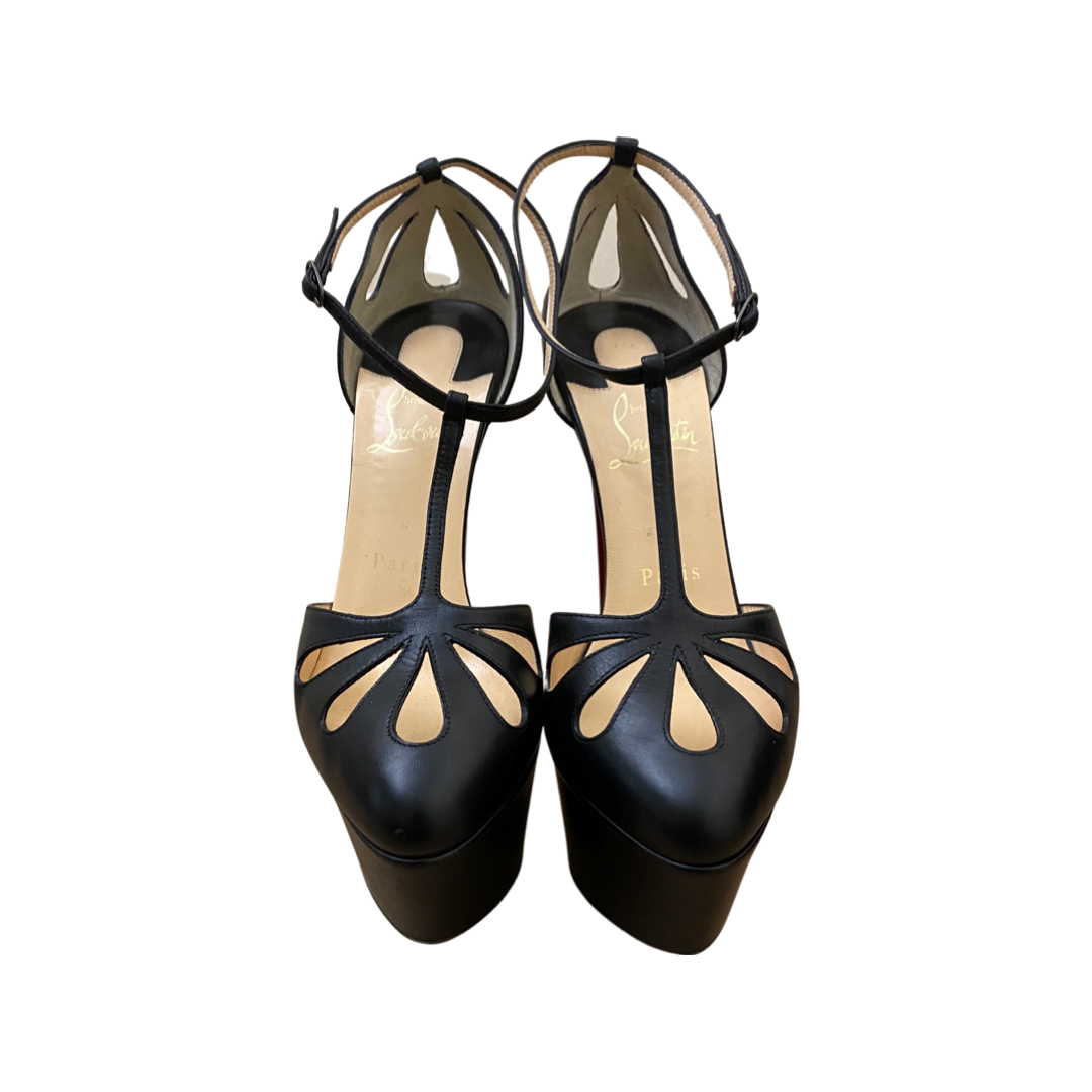 Christian Louboutin Black Leather Mayada T-Strap Platform Pumps Size 37