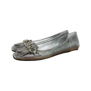 Prada Metallic Silver Leather Chain Embellished Square Toe Flats Size 39