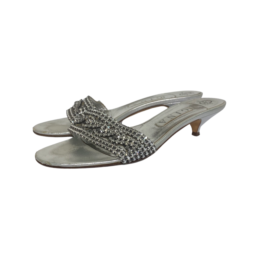 Gina Silver Leather Crystal Embellished Kitten Heel Slides Size 39