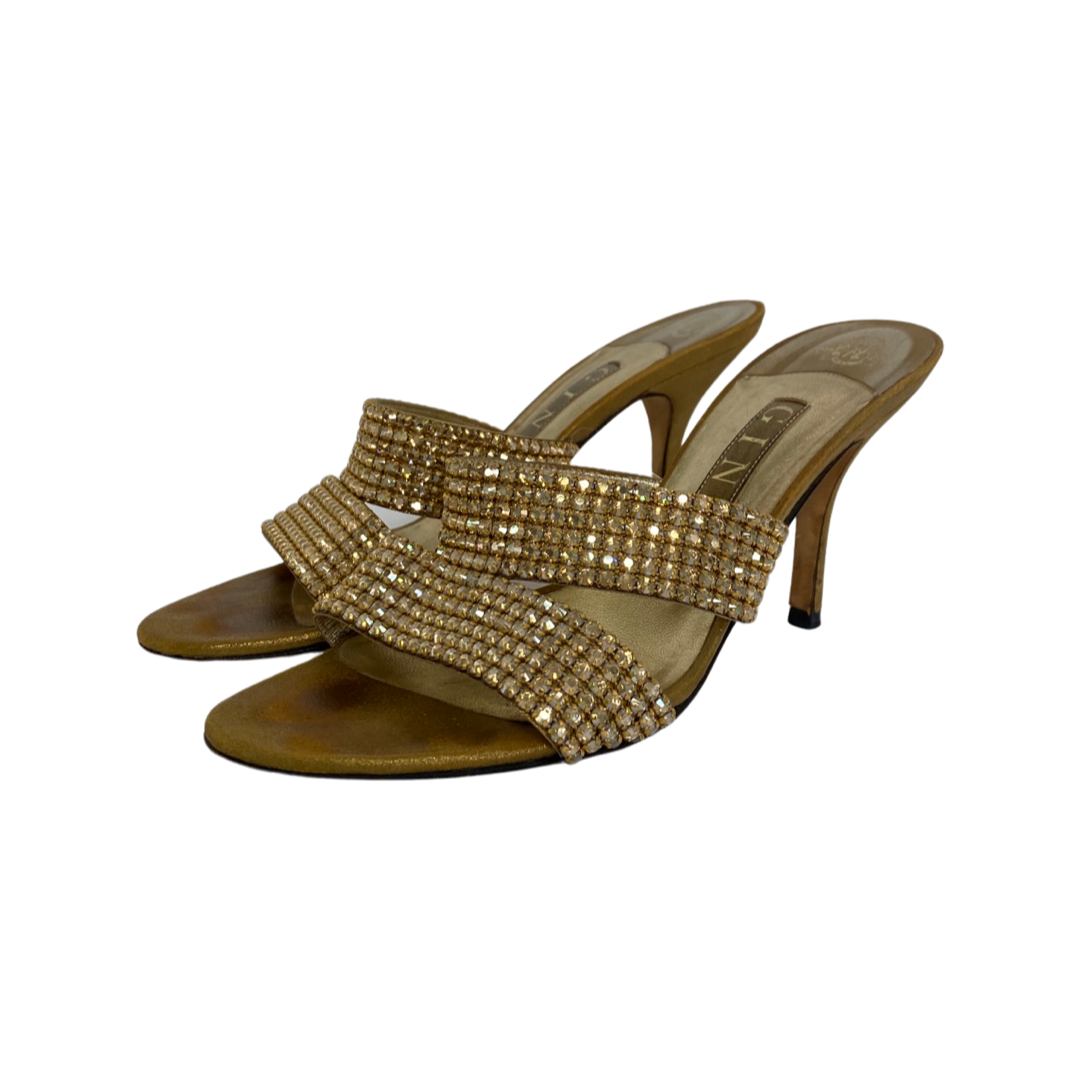Gina Gold Leather Crystal Embellished Open Toe Mule Size 38.5