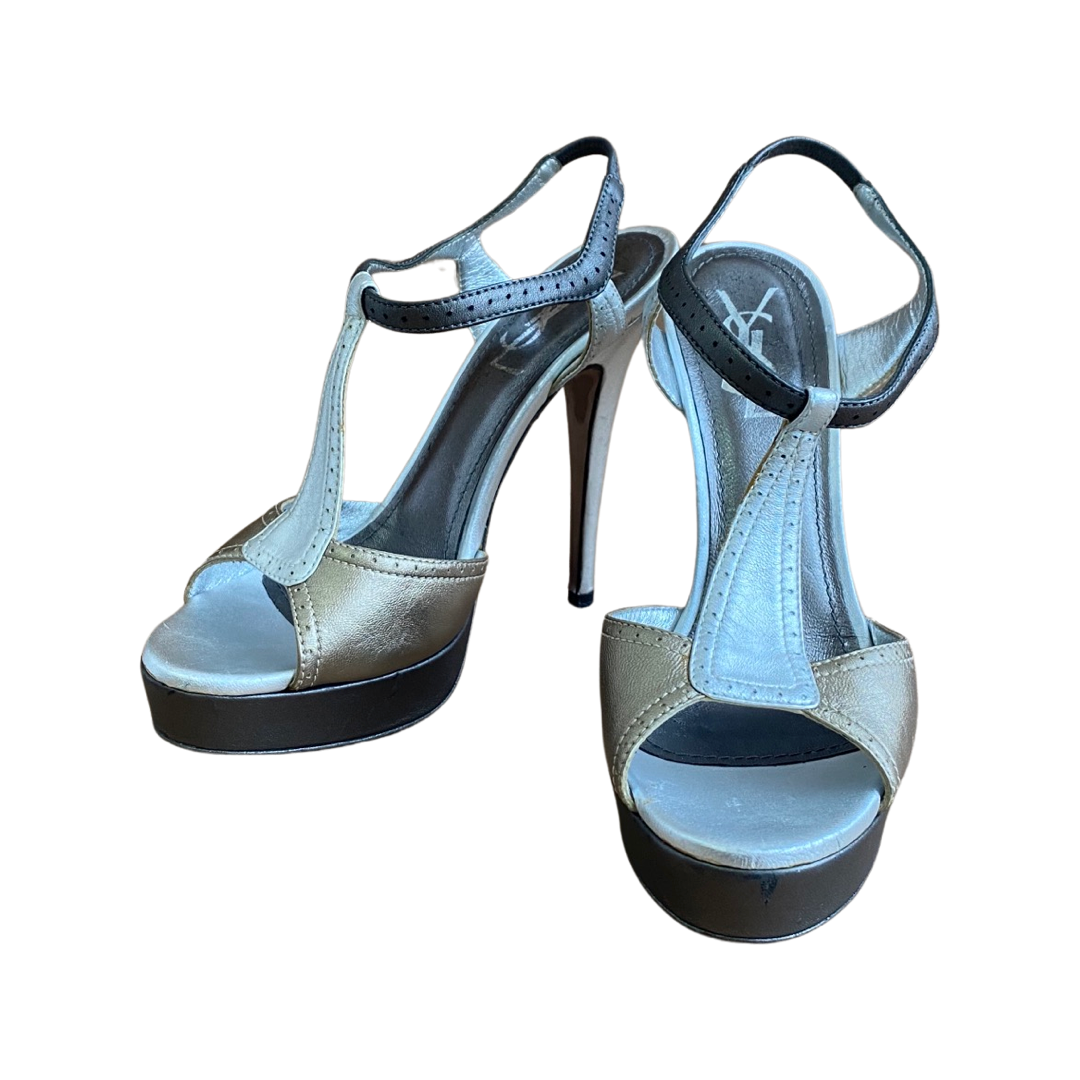 Saint Laurent Silver and Gold Leather Platform Sandals Size 37