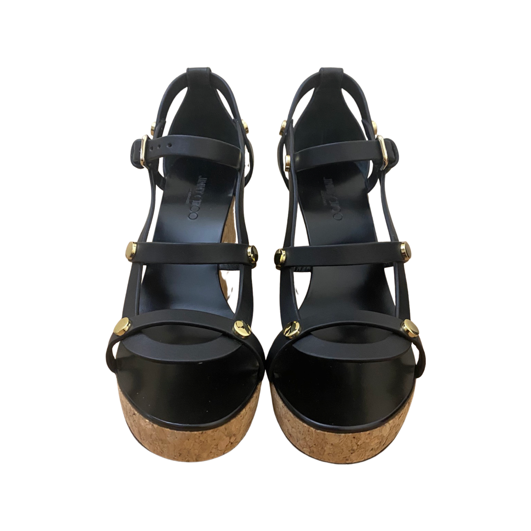 Jimmy Choo Black Leather Open Toe Studded Nerissa 100 Wedges Size 38.5