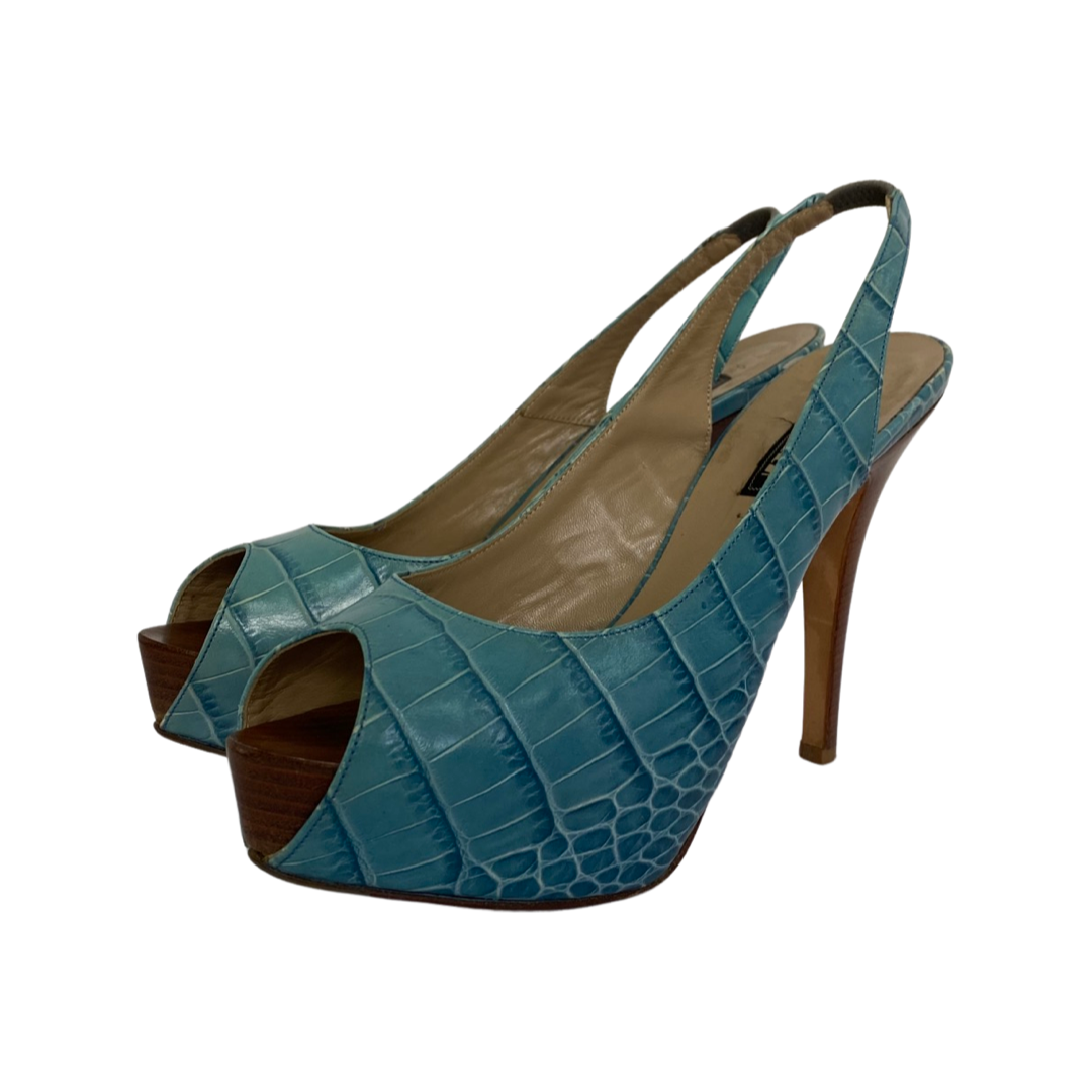 Le Silla Turquoise Croc Embossed Leather Slingback Open Toe Platform Sandals Size 38