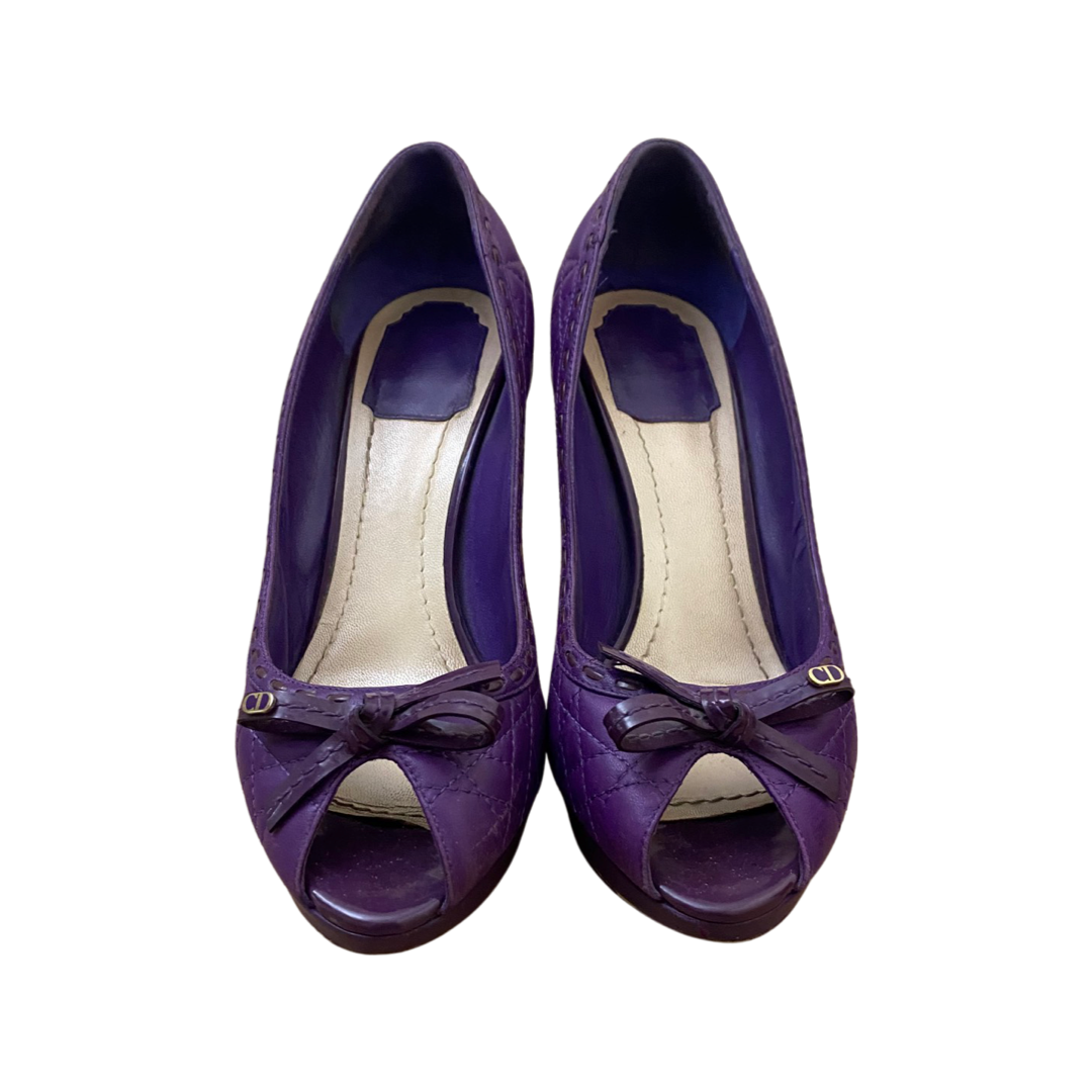Dior Purple Quilted Cannage Leather Sweet Peep Toe Platform Pumps Size 38.5