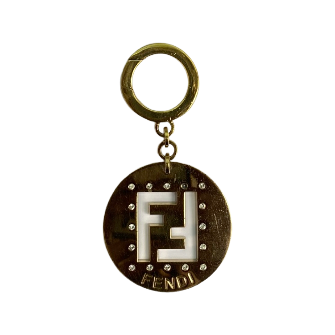 Fendi FF Gold Crystal Embellished Round Keychain