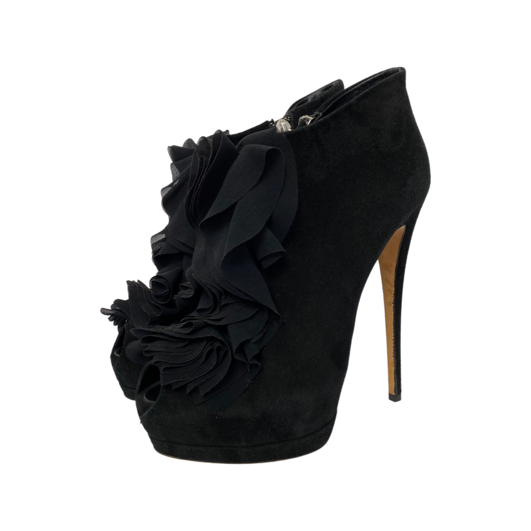 Giuseppe Zanotti Black Suede Ruffle Embellishment Lace-Up Peep Toe Platform Boots Size 37.5
