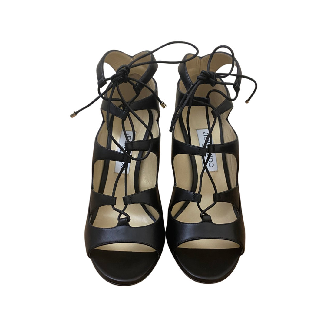 Jimmy Choo Black Shiny Leather Open Toe Blake 100 Sandals Size 39.5