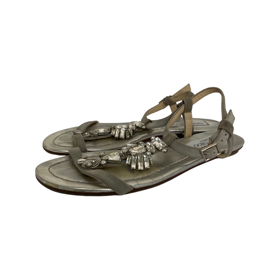 Jimmy Choo Metallic Silver Suede Crystal Embellished Night Flats Size 39