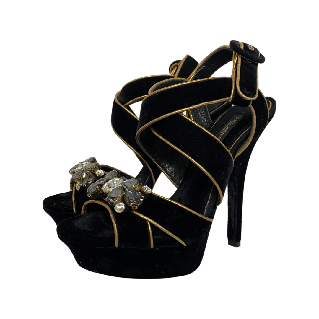 Dolce & Gabbana Black Velvet Metallic Gold Leather Trim Crystal Embellished Cross Strap Platform Sandals Size 38