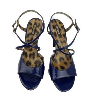 Roberto Cavalli Blue Patent Leather Peep Toe Sandals Size 38.5