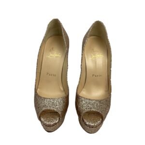 Christian Louboutin Gold Glitter Lady Peep Toe Platform Pumps Size 35