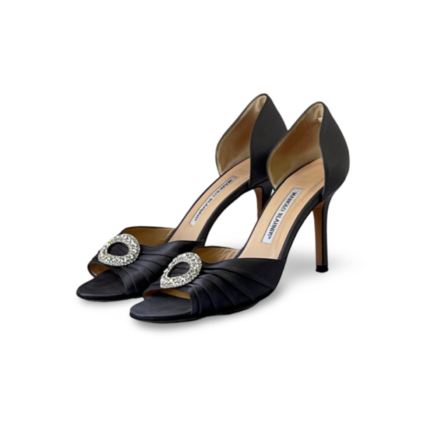 Manolo Blahnik Grey Satin Crystal-Embellished Sedaraby D'Orsay Open-Toe Pumps