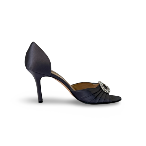 Manolo Blahnik Grey Satin Crystal-Embellished Sedaraby D'Orsay Open-Toe Pumps - Image 5