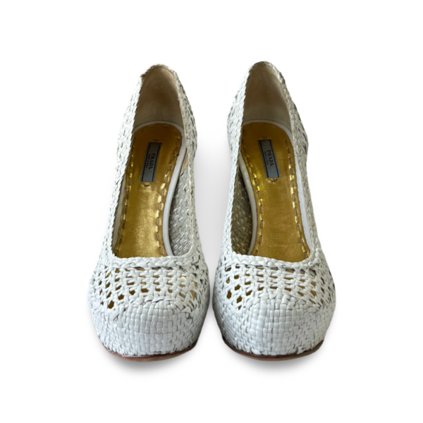 Prada White Woven Leather Madras Platform Pumps - Image 2