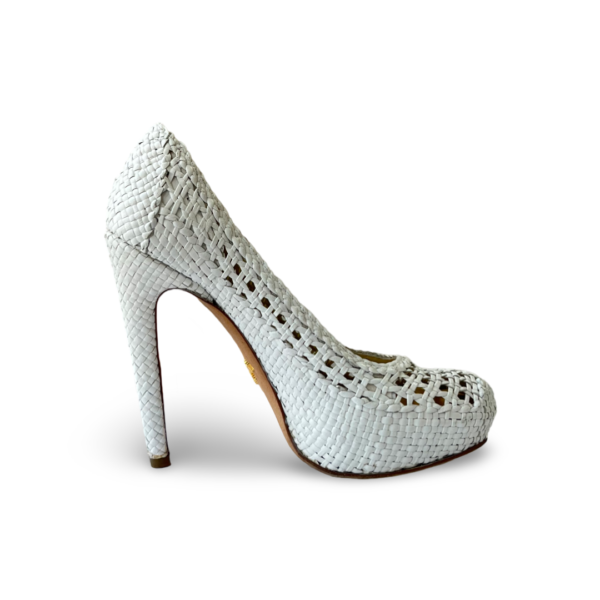 Prada White Woven Leather Madras Platform Pumps - Image 4