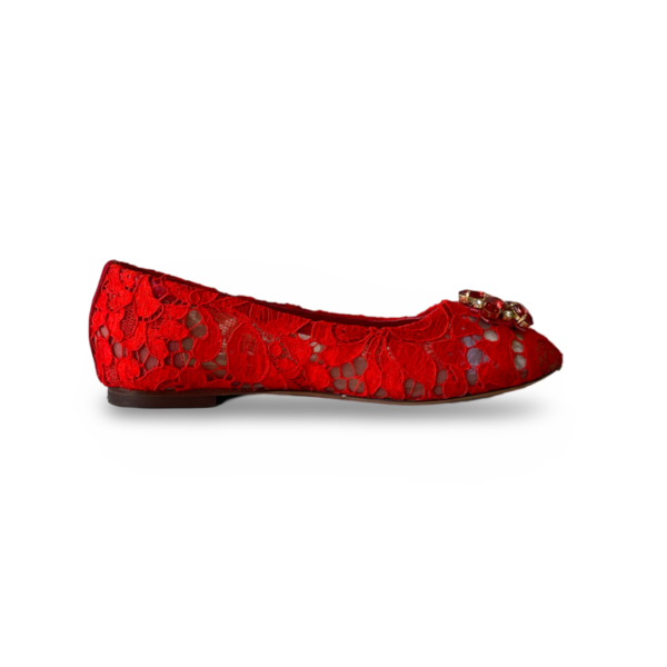 Dolce & Gabbana Red Lace Crystal-Embellished Taormina Ballet Flats (Size 31) - Image 4