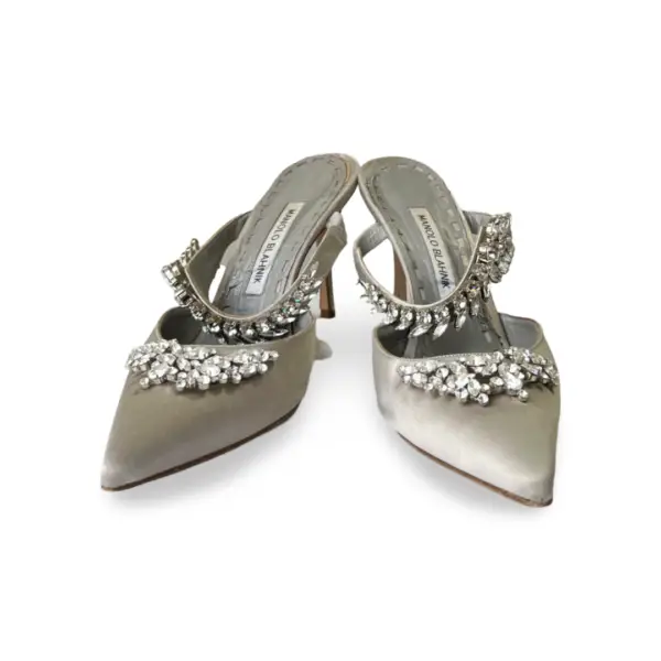 Manolo Blahnik Grey Satin Crystal Embellished Lurum Sandals, Size 39 - Image 2