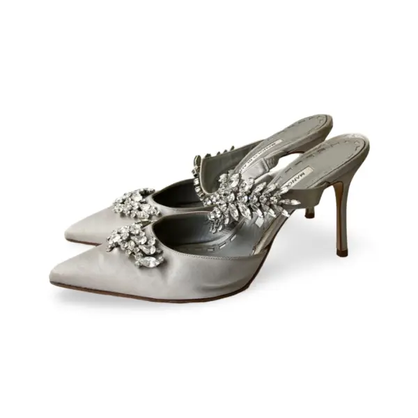 Manolo Blahnik Grey Satin Crystal Embellished Lurum Sandals, Size 39 - Image 3