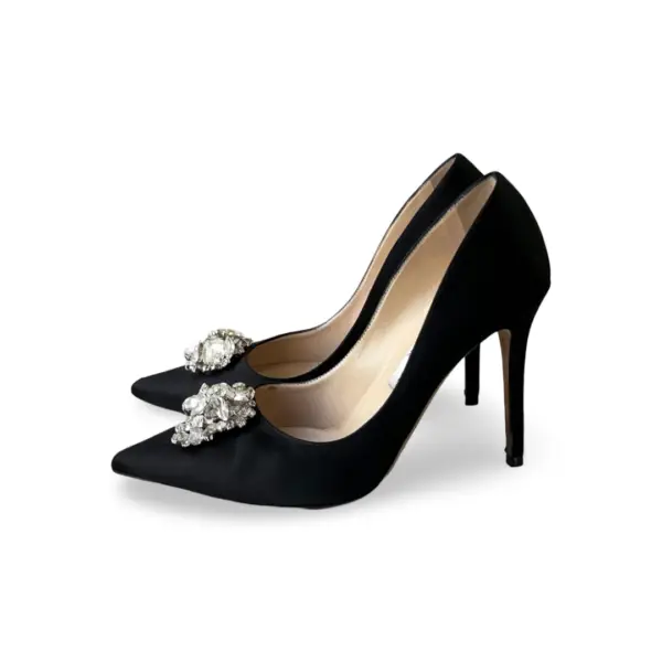 Jimmy Choo Black Satin Crystal Embellished Manda Pumps, Size 38 - Image 4
