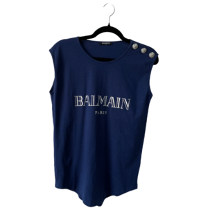 Pre-Loved Balmain Navy Silver Foil Logo Military Button Shoulder Tank Top – Size S