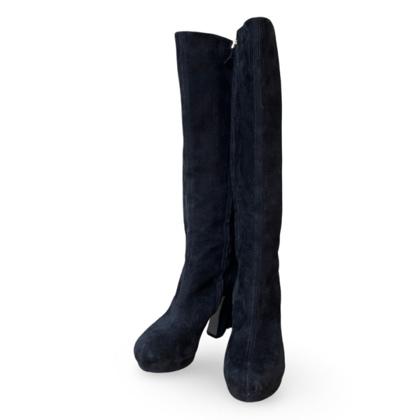 Saint Laurent Black Suede Fur Trim Palais Mohawk Leather Knee-High Heeled Boots - Size 38 - Image 2