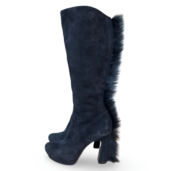 Saint Laurent Black Suede Fur Trim Palais Mohawk Leather Knee-High Heeled Boots - Size 38 - Image 3