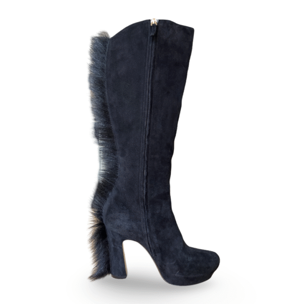 Saint Laurent Black Suede Fur Trim Palais Mohawk Leather Knee-High Heeled Boots - Size 38 - Image 4