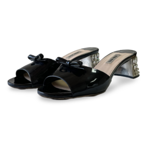 Miu Miu Black Patent Leather Bow Crystal Embellished Open Toe Sandals Size 37