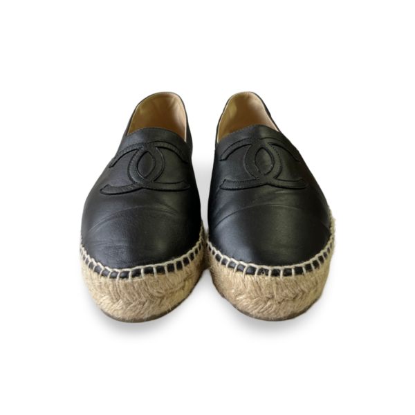 Chanel Black Leather CC Cap Toe Espadrille Flats Size 37 - Image 2