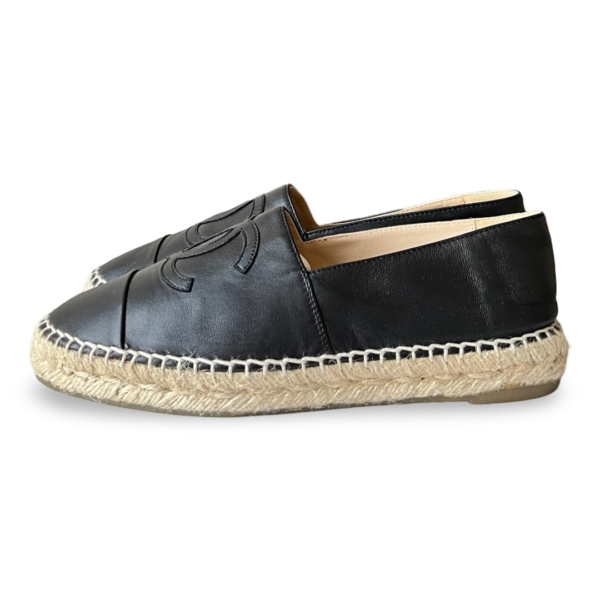 Chanel Black Leather CC Cap Toe Espadrille Flats Size 37 - Image 3
